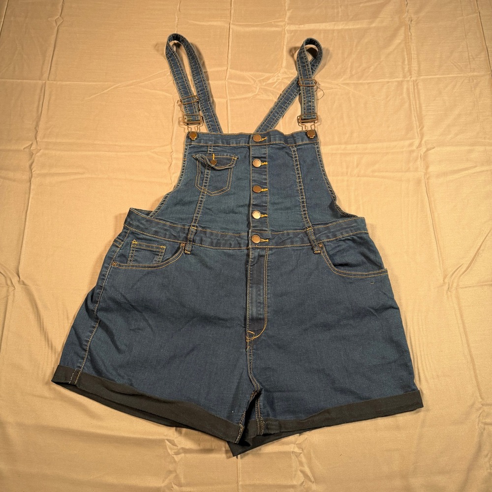 Encore Jeans Womens 3XL Dark Wash Denim Short Overalls Stretch Bib 9521 Blue Y2K